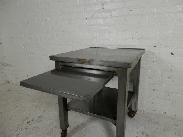 20th Century Industrial Metal Work Table w/ Sliding Shelf On Casters
