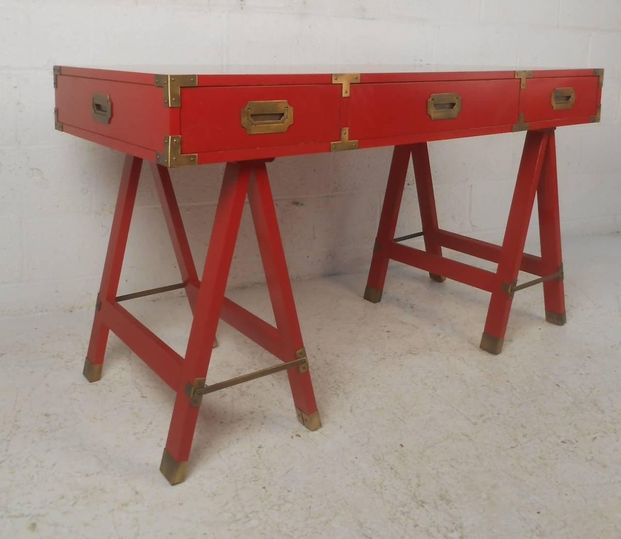 American Vintage Modern Campaign Desk with Brass Trim