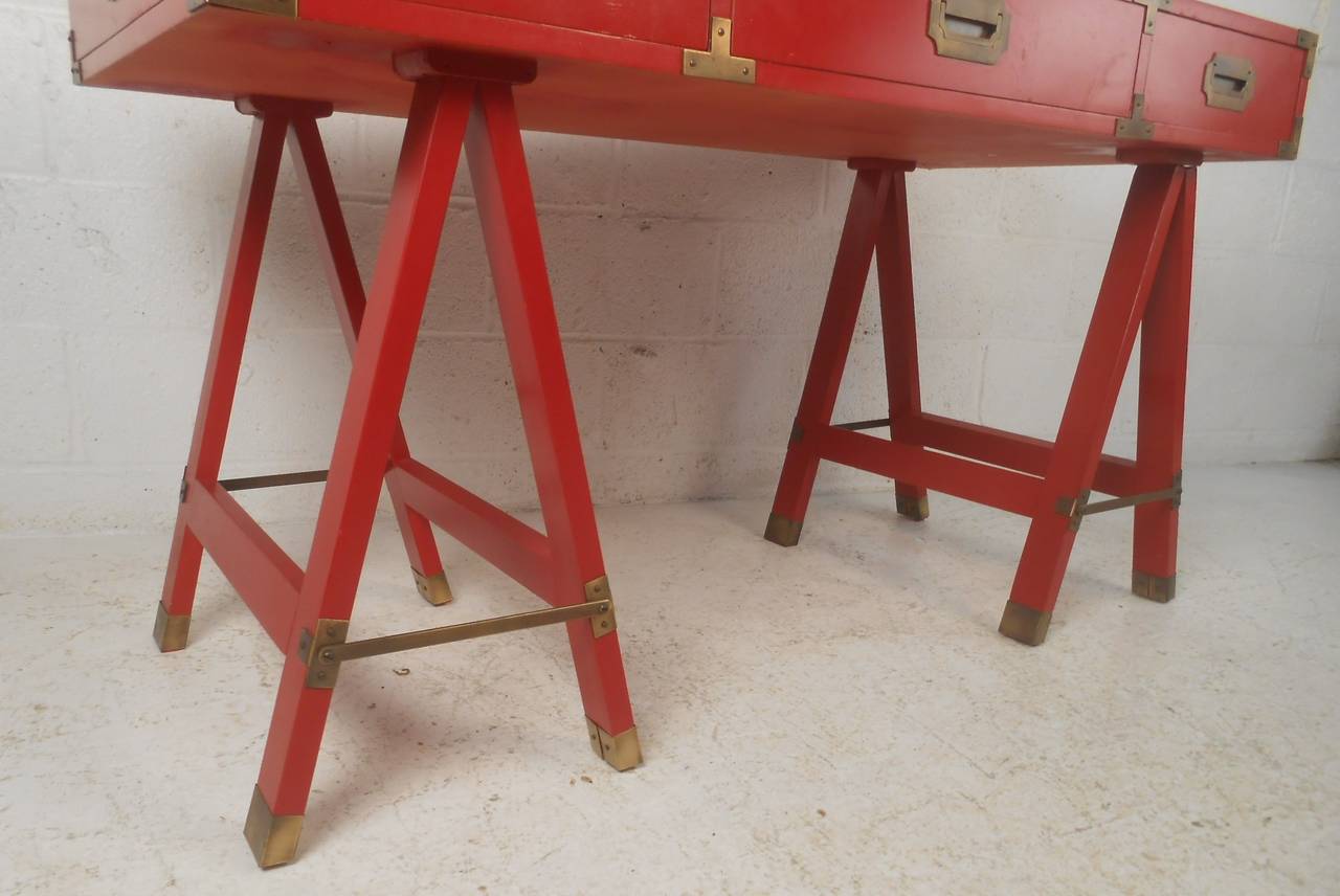 Vintage Modern Campaign Desk with Brass Trim In Good Condition In Brooklyn, NY