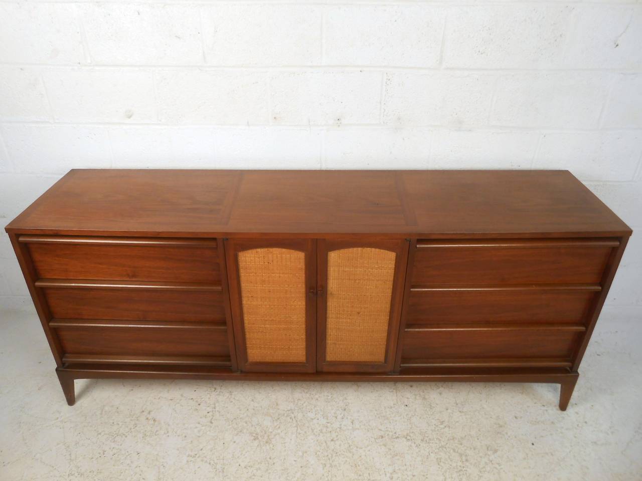 American Mid-Century Modern Nine-Drawer Cane Front Dresser by Lane