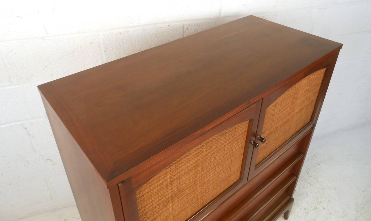American Mid-Century Cane Front Highboy Dresser by Lane