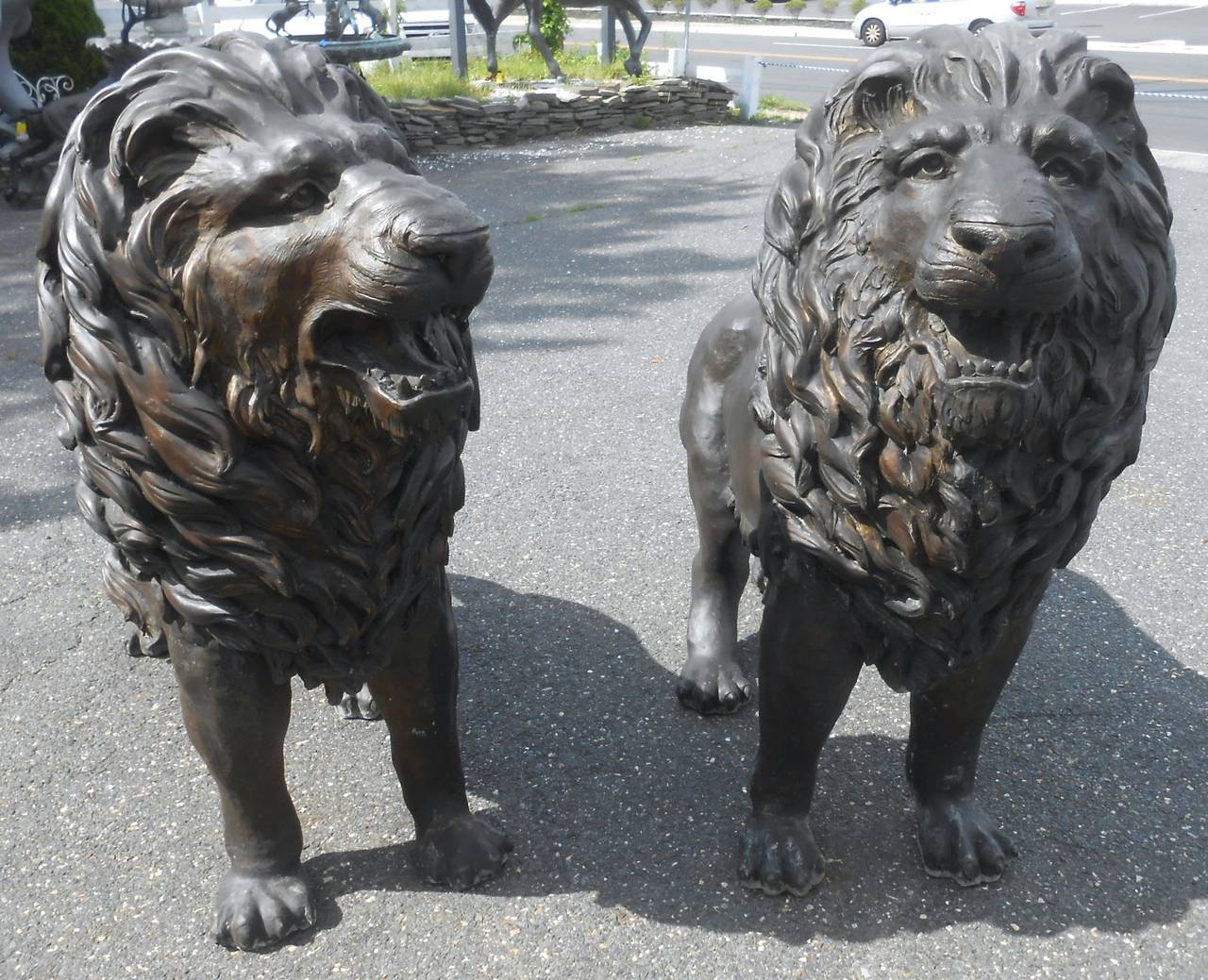 Pair of Majestic Bronze Lion Garden Statues For Sale at 1stdibs