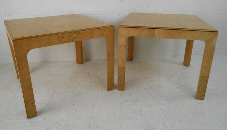 Pair of low side tables in burl wood from Henredon's Scene Two Collection. Please confirm item location (NY or NJ) with dealer.