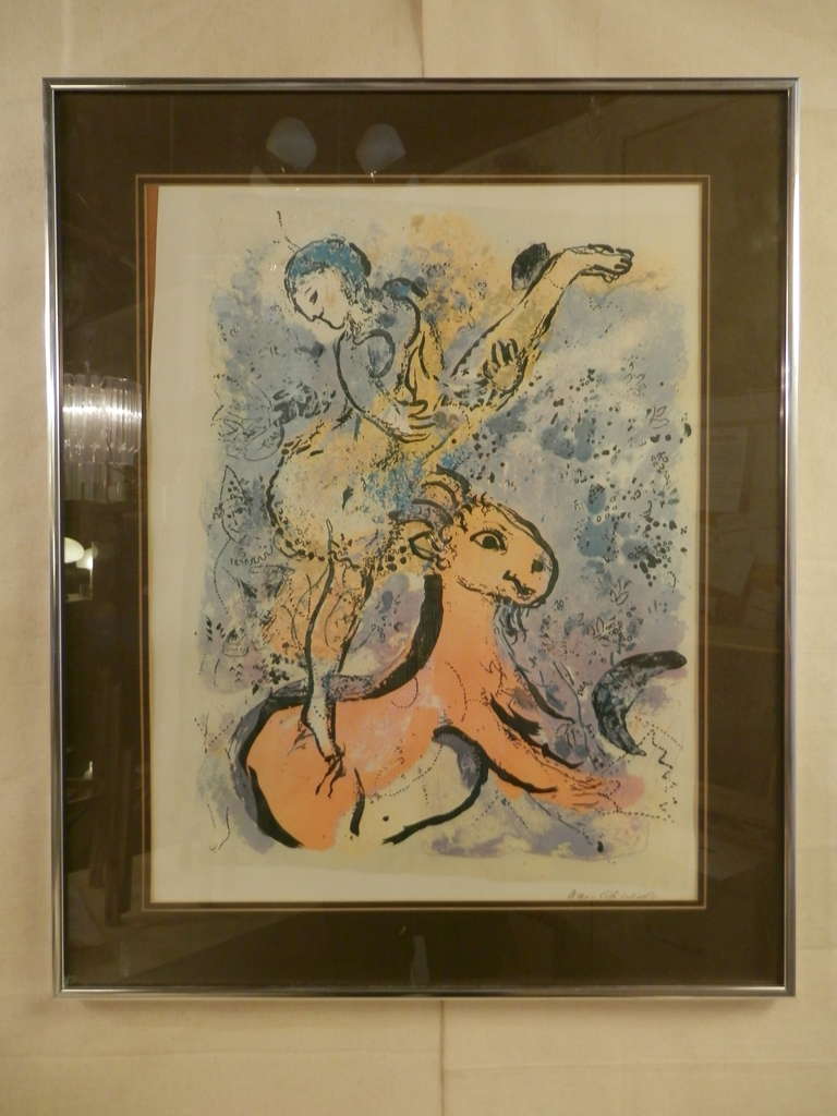 Classic Chagall print with vivid imagery and lively dancing creatures. The featur performer is riding her red horse around the ring with the frenzy of a circus faintly behind her.

Born July 7, 1887, in Vitebsk, Russia, studied in Saint
