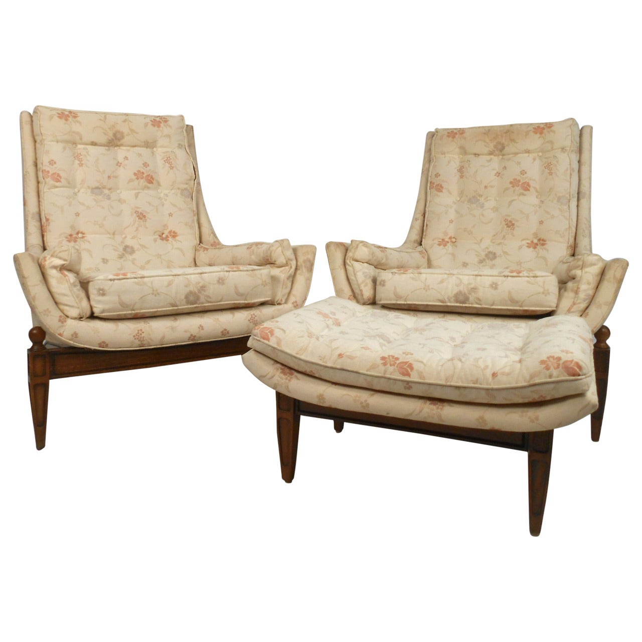 Midcentury His and Her's Lounge Chairs with Ottoman