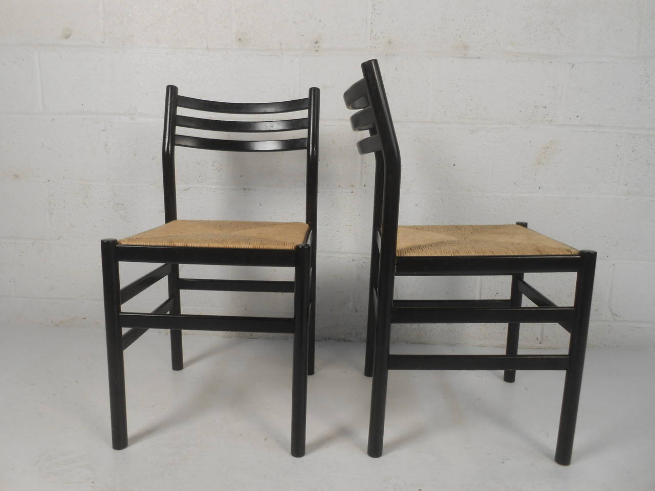 Vintage Lacquer and Rush Seat Dining Chairs In Good Condition In Brooklyn, NY