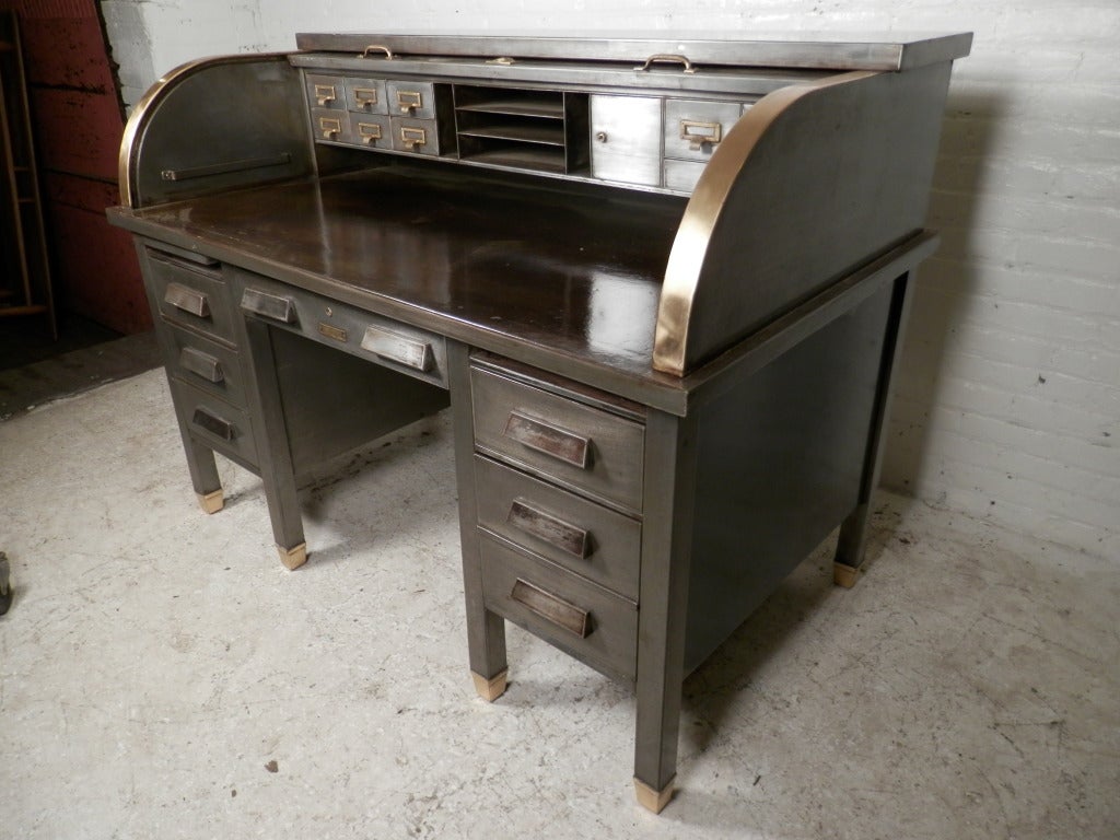 Industrial Gorgeous Mid-Century Steel Roll Top Desk w/ Brass Hardware