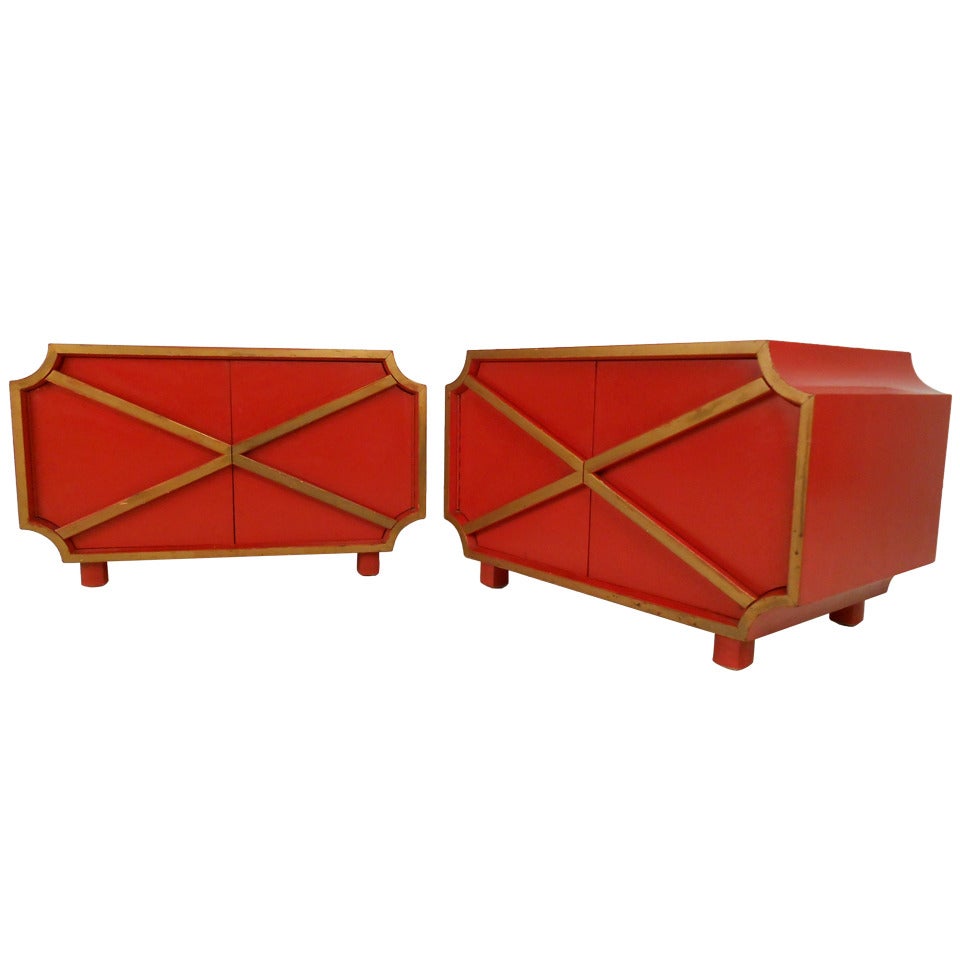 Stylish Red and Gold Bedside Tables by Henredon