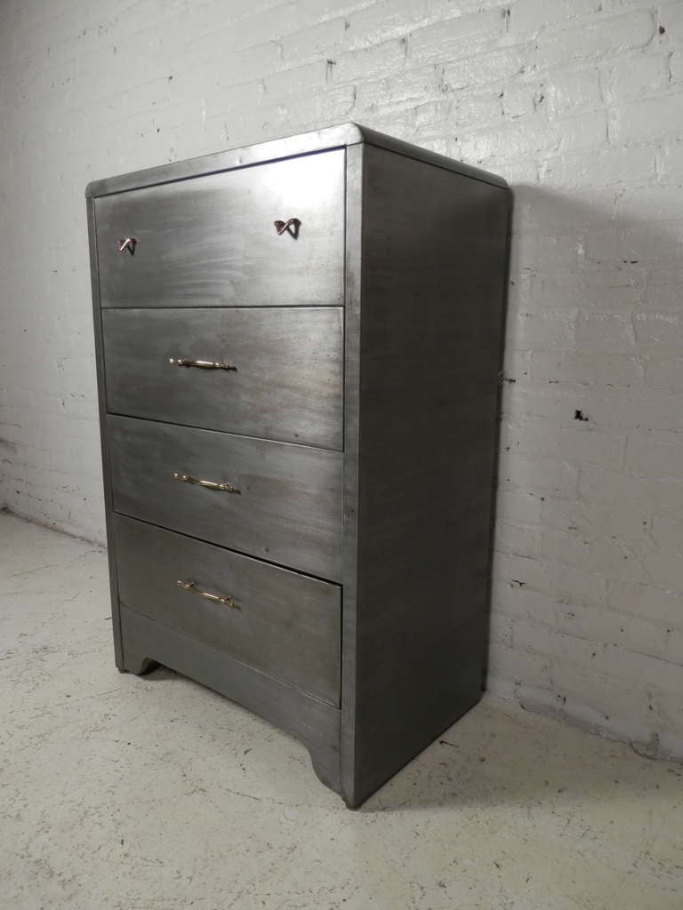 Mid-Century Modern Handsome Brushed Metal Mid Century Modern Dresser By Simmons