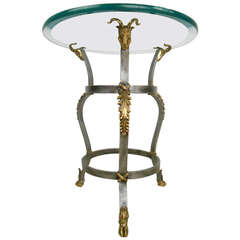 Mid-Century Modern Jansen Style Glass Top Side Table with Brass Horned Goats