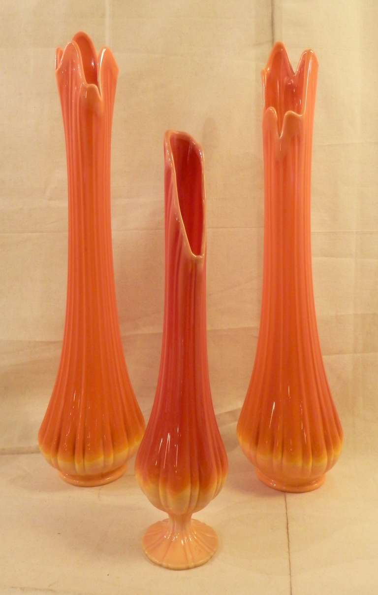 Hand blown opaque glass set by Viking Glass, originally named New Martinsville Glass Company. Artistic texture and shape, each unique.

Large pair - 7dia 23
