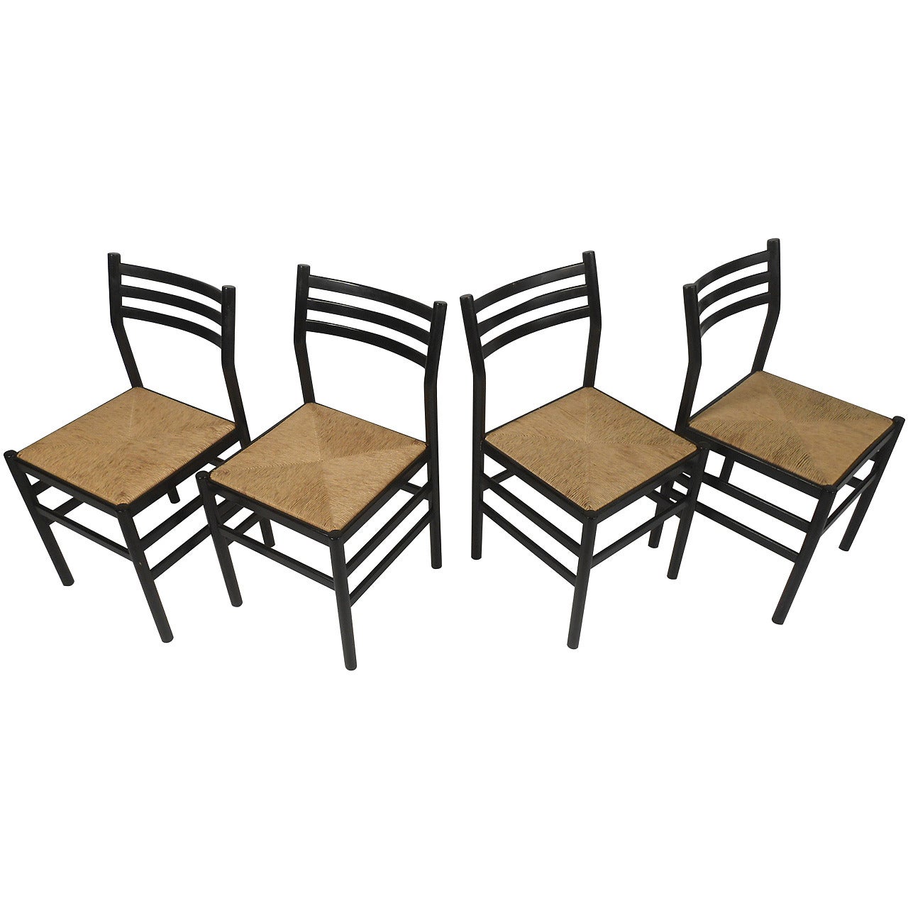 Vintage Lacquer and Rush Seat Dining Chairs