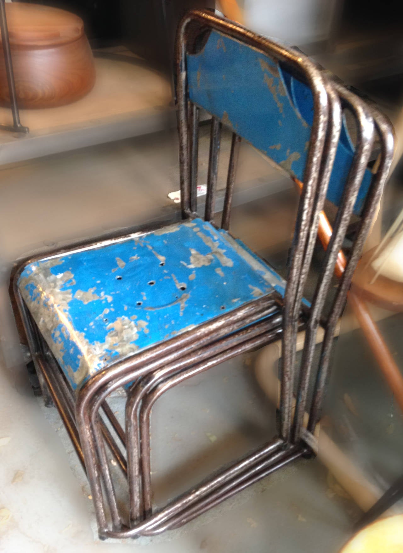 20th Century Distressed Industrial Stackable Chairs