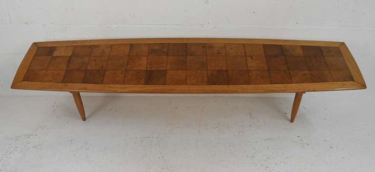 Mid-century surfboard style parquet top and oak frame coffee table by Tomlinson.