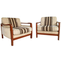 Pair Mid-Century Upholstered Teak Lounge Chairs