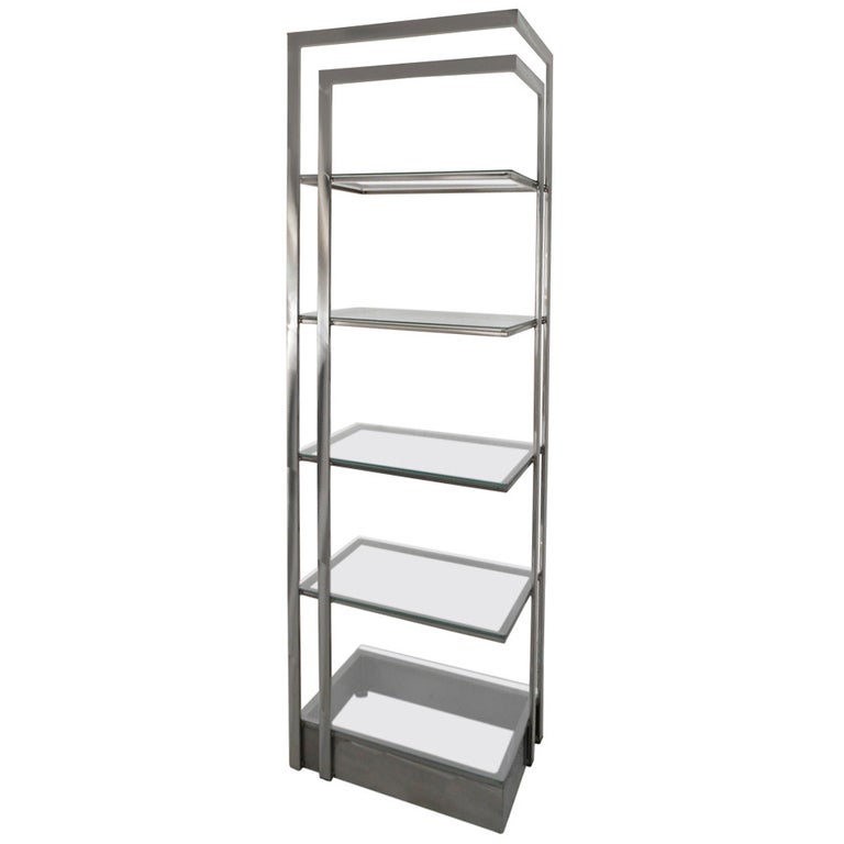 Vintage Modern Stainless Steel And, Glass And Stainless Steel Bookcase