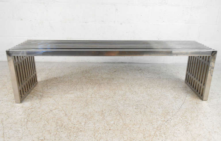 This beautiful and sturdy chrome slat bench makes a unique and stylish choice for extra seating in any setting. Please confirm item location (NY or NJ).
