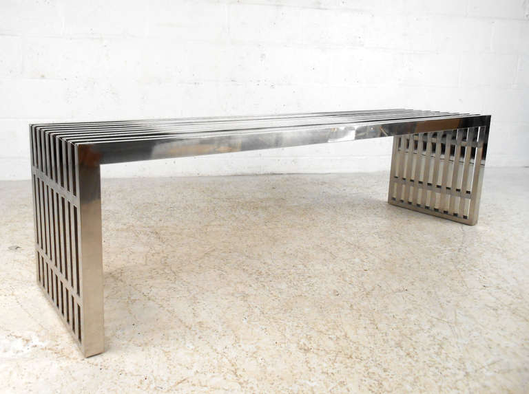 Mid-Century Modern Milo Baughman Style Mid-Century Slat Chrome Bench