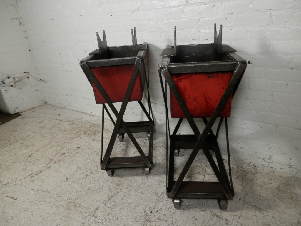 20th Century Industrial Metal Iron Planters On Casters Pair