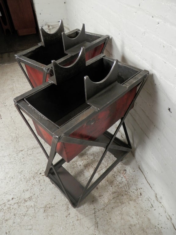 Industrial Metal Iron Planters On Casters Pair 1