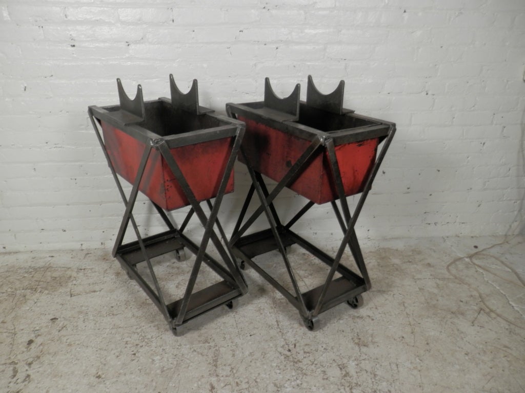 Industrial Metal Iron Planters On Casters Pair 2