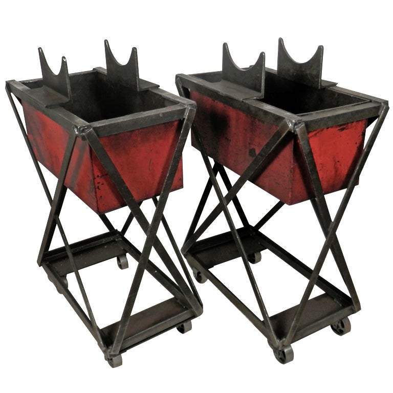 Industrial Metal Iron Planters On Casters Pair