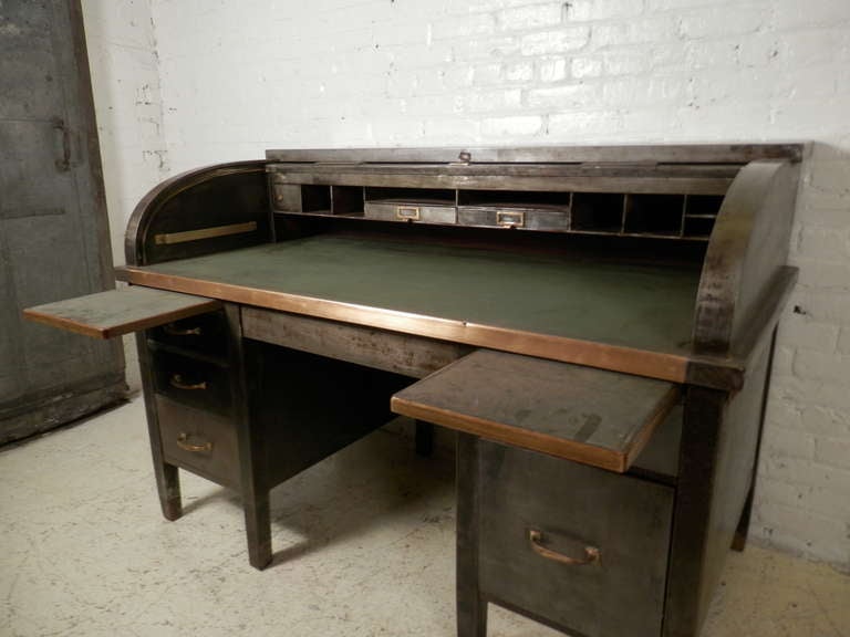 Large Roll Top Metal Desk w/ Brass Detailing In Excellent Condition In Brooklyn, NY