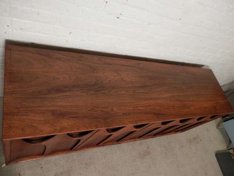 Mid-20th Century Sculptured Front Mid-Century Walnut Credenza By Broyhill