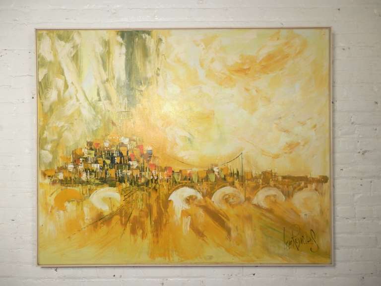 This large oil painting on canvas by Lee Reynolds was produced at Vanguard Studios in Beverly Hills, California in the early 1960s. It features an abstract cityscape scene with vibrant colors and the faint outline of a bridge.

(Please confirm