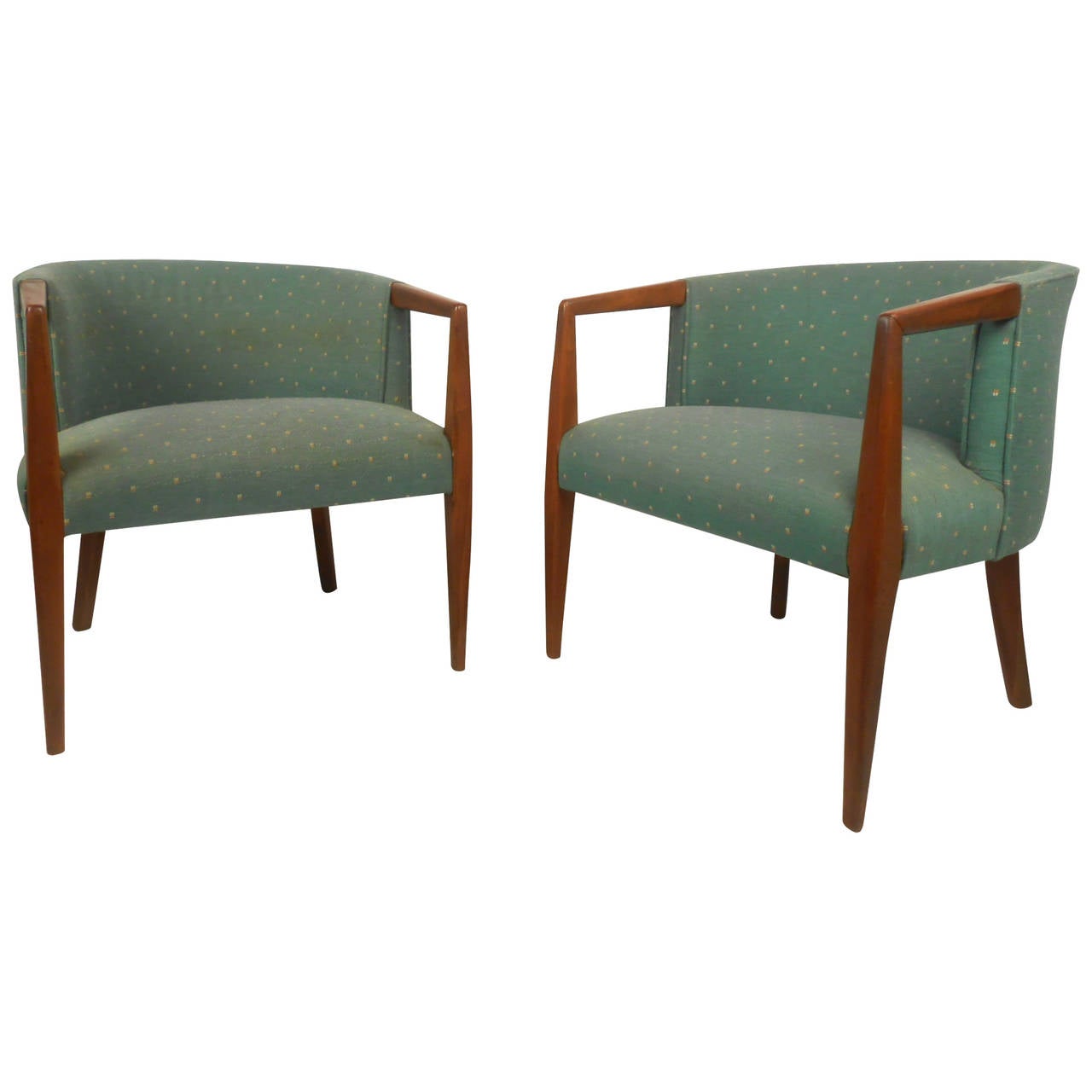 Pair of Upholstered MidCentury Modern Lounge Chairs with Walnut Frames