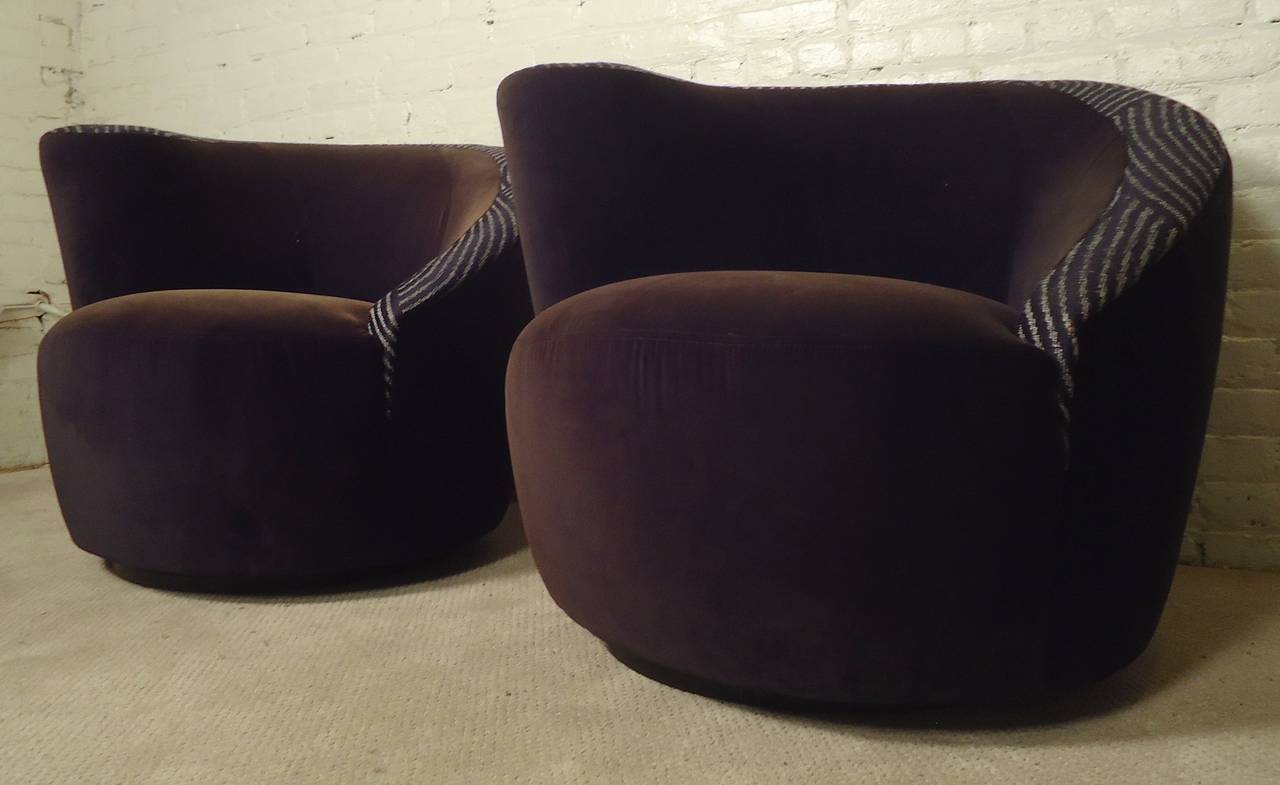 Mid-Century spiral chairs in ultra-suede. Designed by Vladimir Kagan, featuring a swivel base and pattern back. Photos show a purple color, but fabric is black.

(Please confirm item location NY or NJ with dealer).