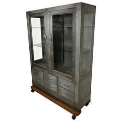 Vintage Industrial Metal Glass Front Hutch On Casters