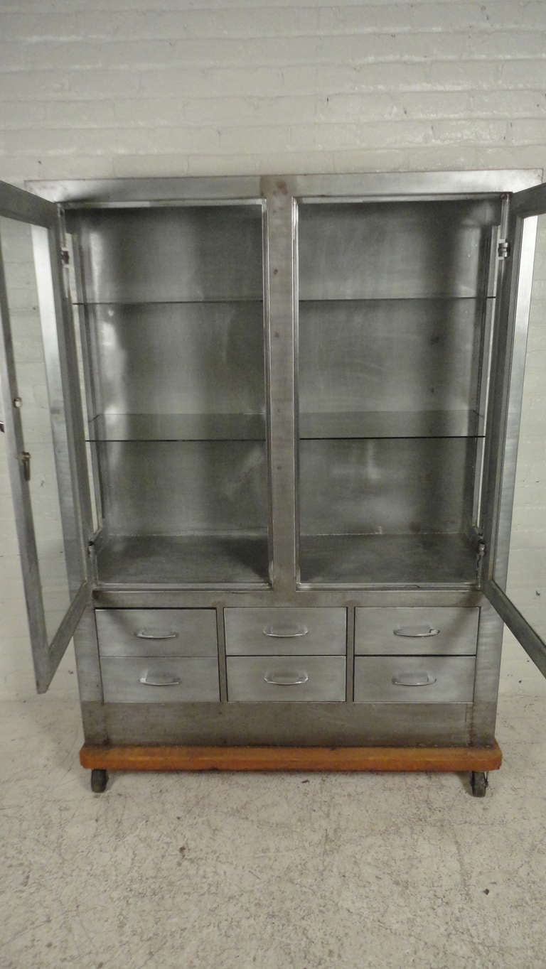 American Industrial Metal Glass Front Hutch On Casters