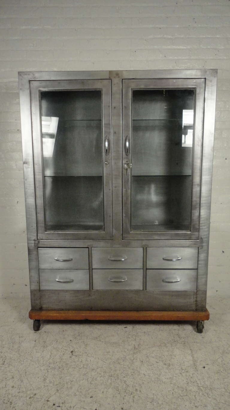 Industrial Metal Glass Front Hutch On Casters 2