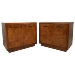 Pair of Mid-Century Modern Burlwood and Brass Nightstands