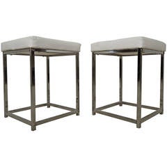 Pair of Baughman Style Midcentury White and Chrome Stools