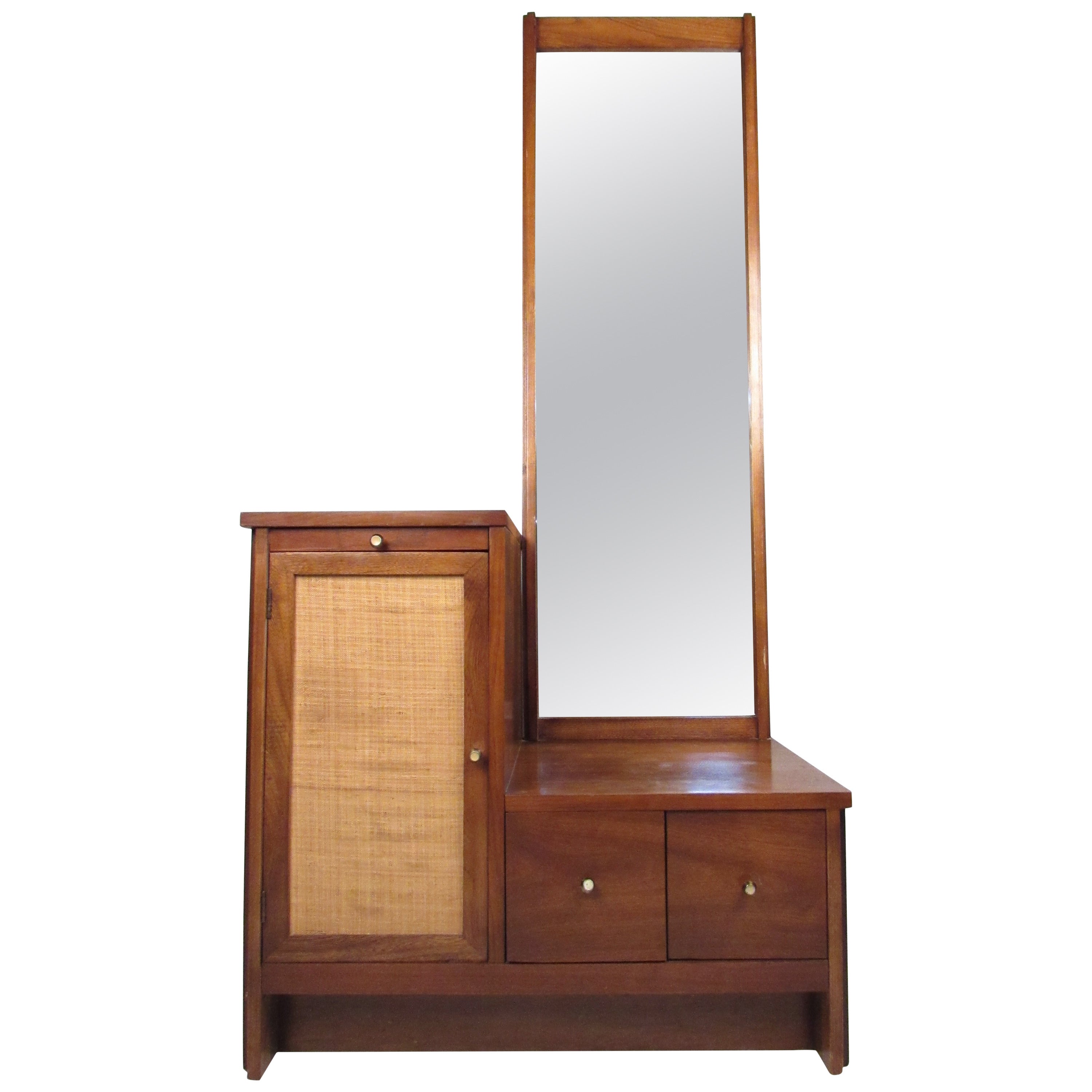 Mid-Century Modern Caned Cabinet with Mirror For Sale