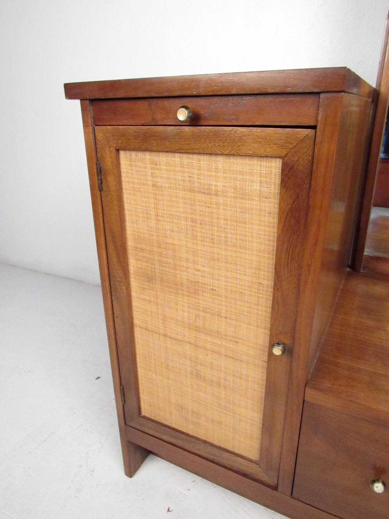 Mid-Century Modern Caned Cabinet with Mirror For Sale 1