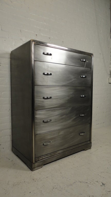 Vintage bare metal highboy dresser from the Simmons Manufacturing Co., Kenosha,Wi.