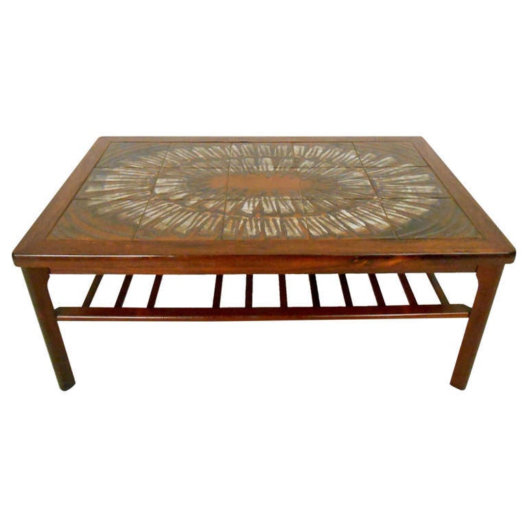 MidCentury Modern Rosewood Coffee Table w/ Painted Tile Inlay at