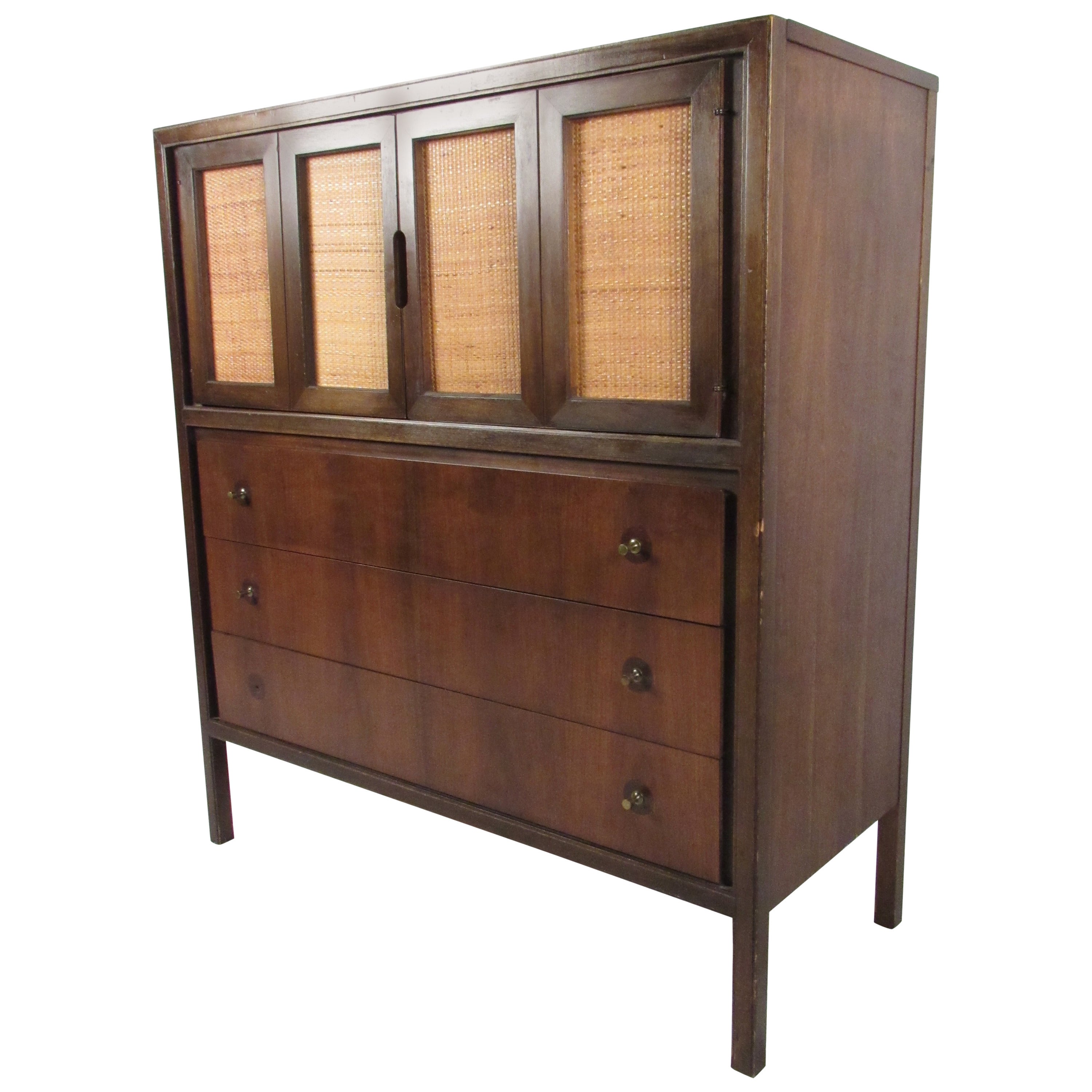 Mid-Century Modern High Boy Dresser with Cane Doors