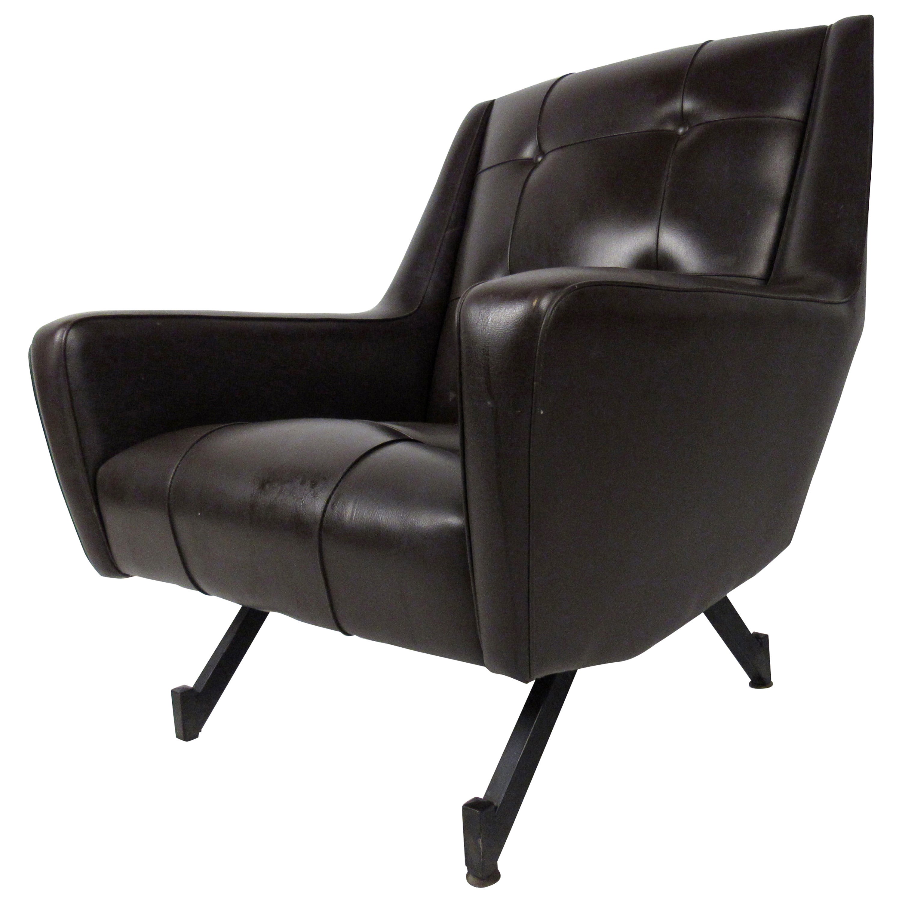 Mid-Century Modern Brown Tufted Vinyl Lounge Chair For Sale