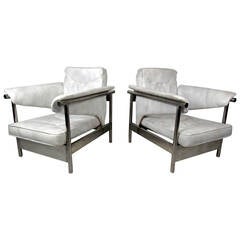 Pair of Italian White Leather and Chrome Lounge Chairs 5
