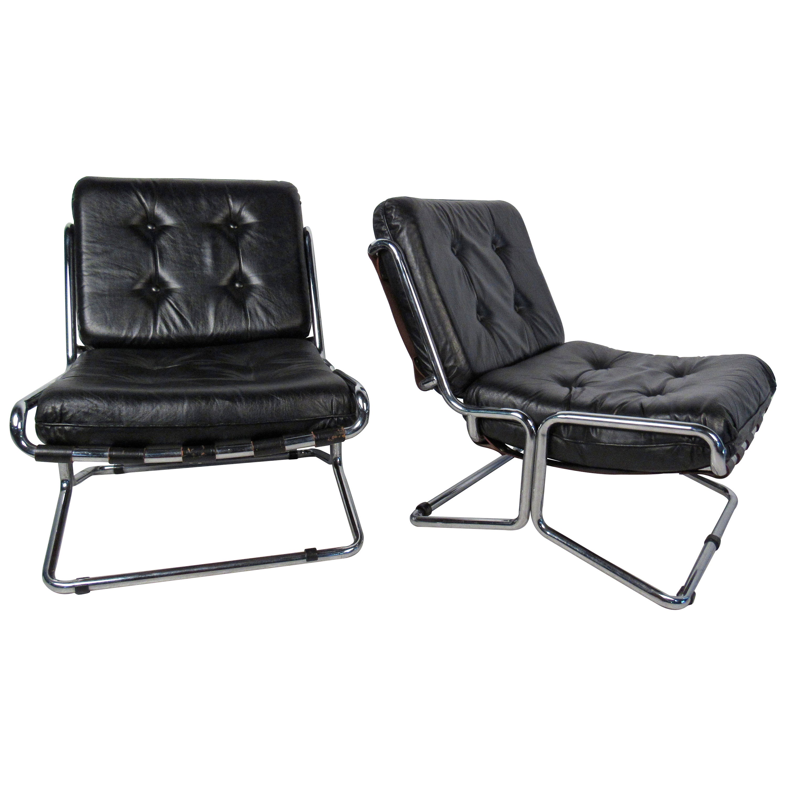Pair of Italian Chrome and Leather Lounge Chairs