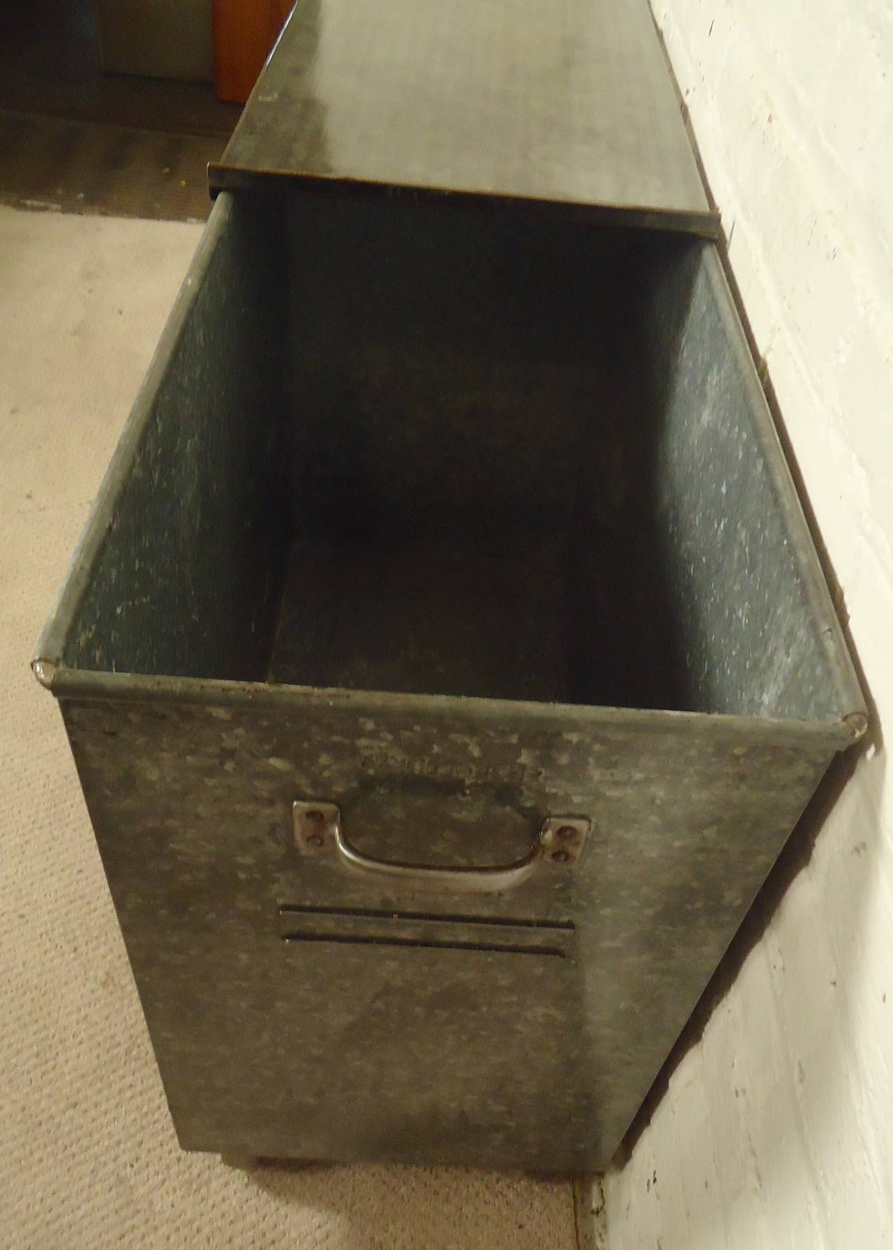 Restored rolling trash cart with sliding top. Galvanized metal throughout.

(Please confirm item location - NY or NJ - with dealer)