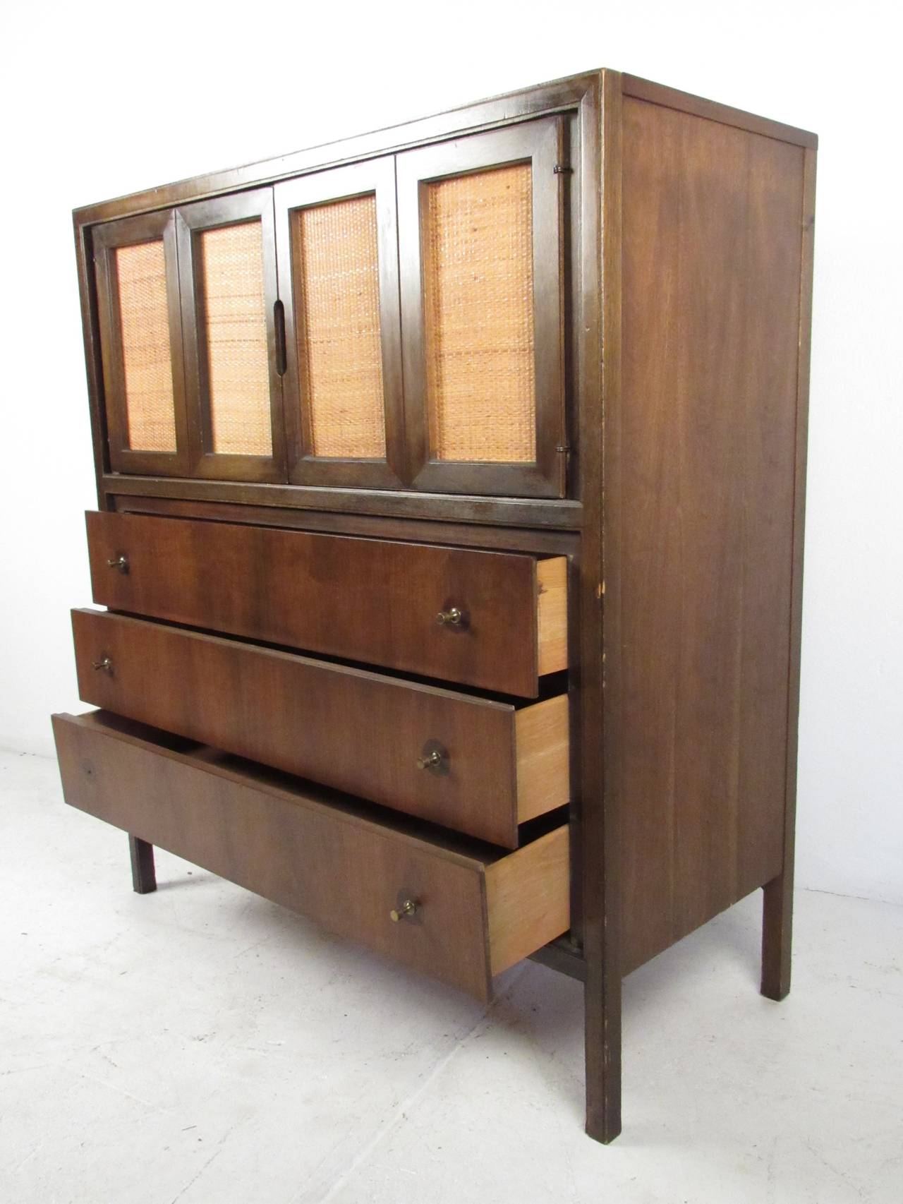 MidCentury Modern High Boy Dresser with Cane Doors For Sale at 1stDibs