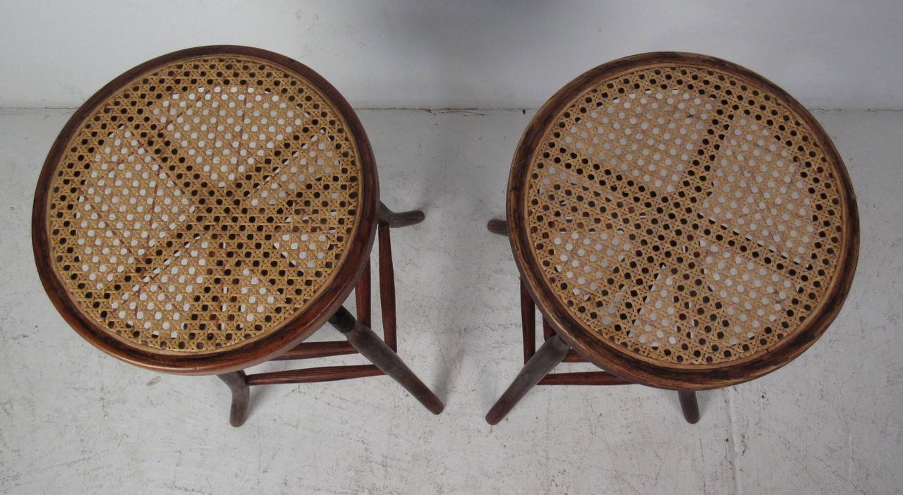 Pair of Vintage Cane and Oak Stools