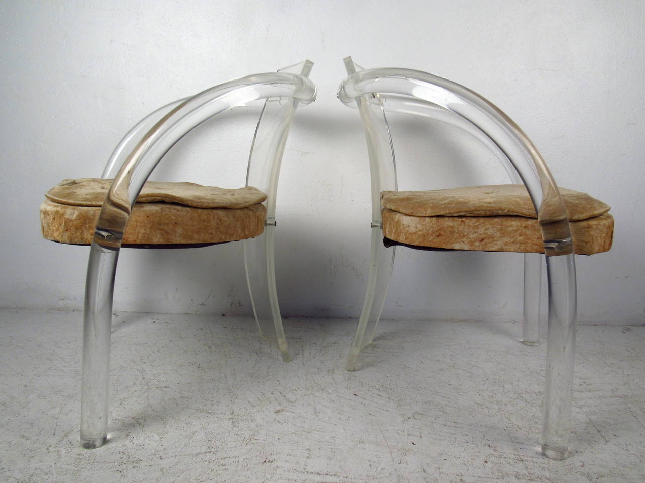 American Pair of Mid-Century Modern Lucite Chairs with Upholstered Cushions For Sale