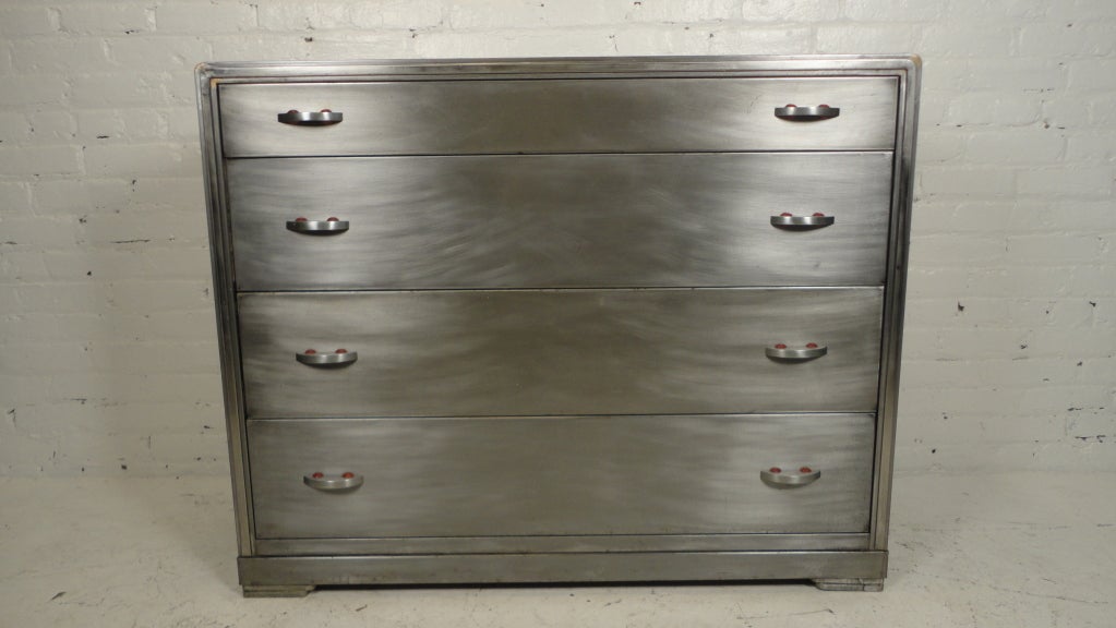 Vintage bare metal dresser with original pulls from Simmons Manufacturing Co., Kenosha, Wi.