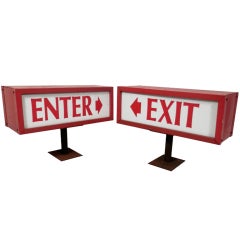 Vintage Pair Of Mid Century Modern Metal Double-Sided Illuminating Signs